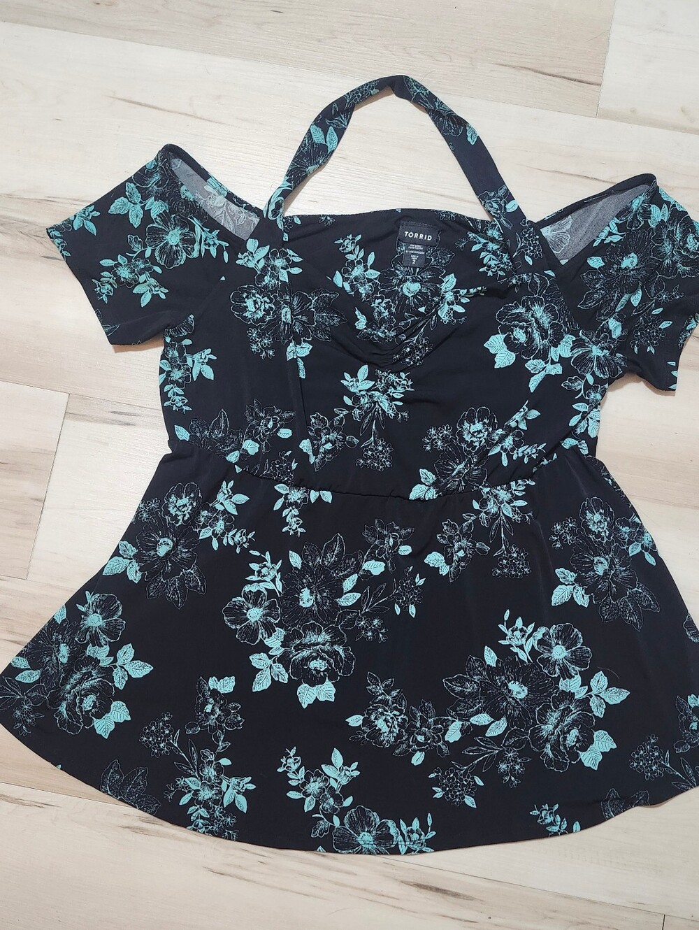 Torrid Black Floral Cold-Shoulder Peplum Top with Teal Print